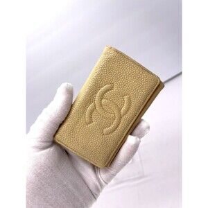 Authentic CHANEL CC Logo Cream Leather 4 Ring Key Case w card holder France Made